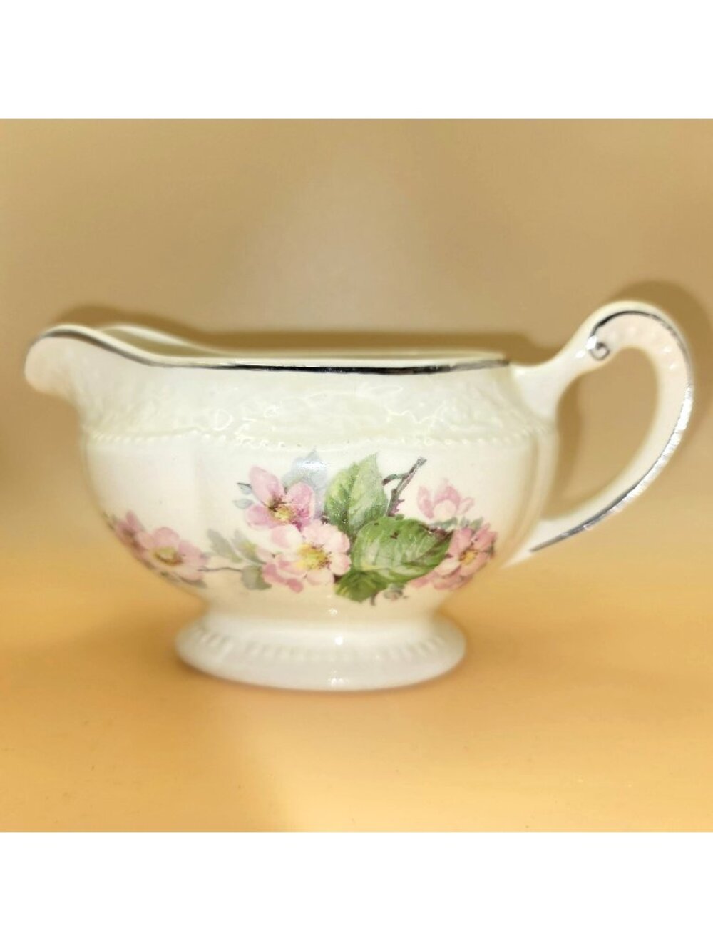 Vintage Creamer Edwin Knolls Cremelace Porcelain Pink Flowers Silver Trim sm2010